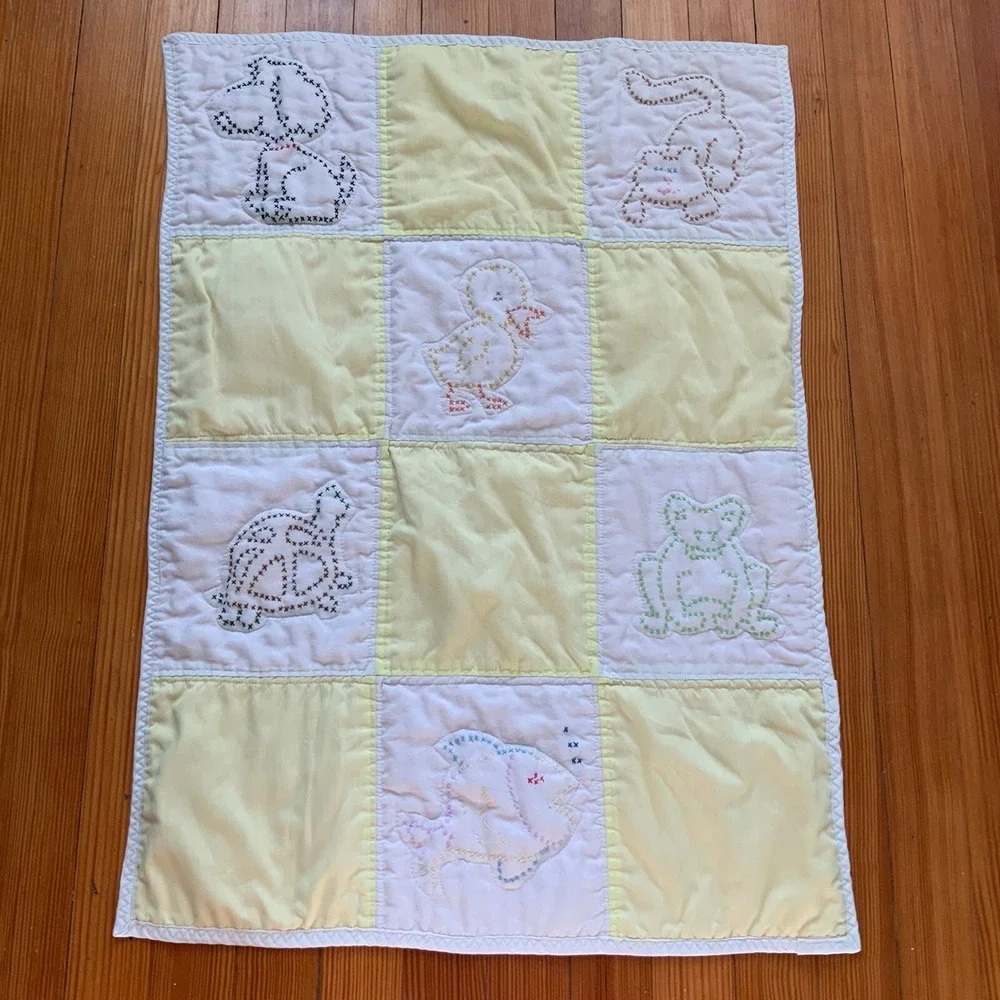 VTG Handmade Cross Stitch Baby Nursery Quilt Handmade Yellow 22x32 Dog Cat Duck